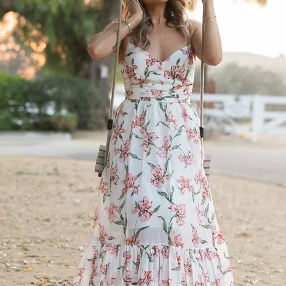 Intermix Cristiana print floral maxi dress pink white cotton silk size 10